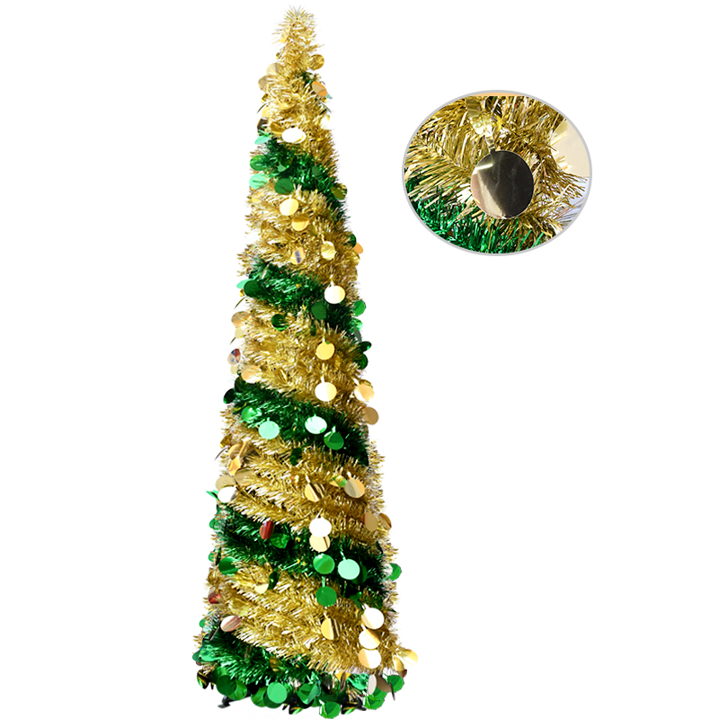 5FT Gold and Green Spiral Tinsel Christmas Tree with Sequin Accents – Cone Shaped Holiday Decoration