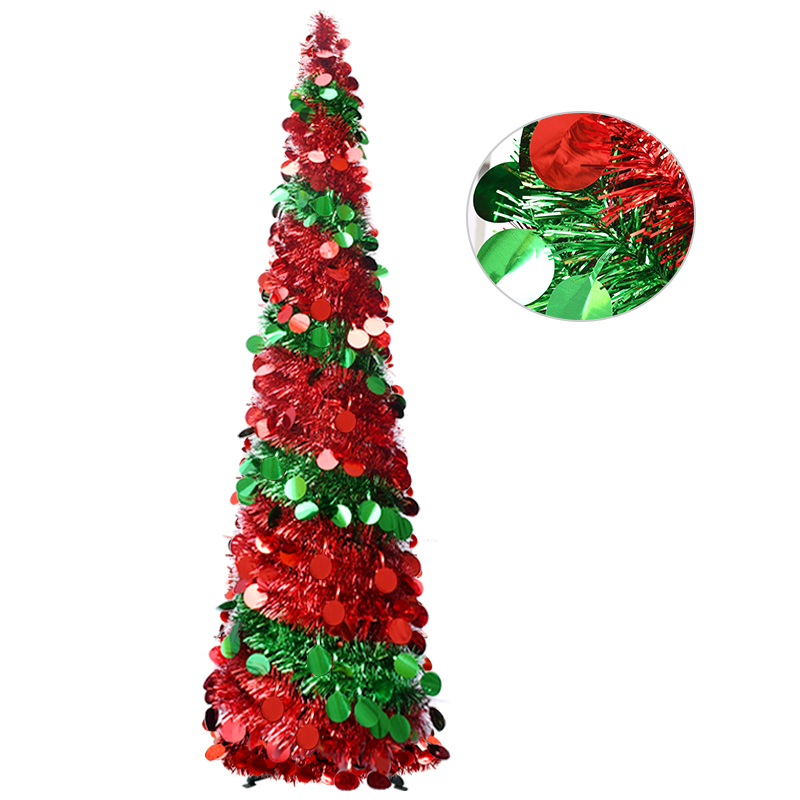 5FT Red and Green Tinsel Christmas Tree with Glitter Sequins – Cone Shaped Holiday Decoration