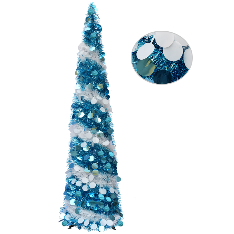 5FT Blue and White Spiral Tinsel Christmas Tree with Sequin Accents – Cone Shaped Holiday Decoration