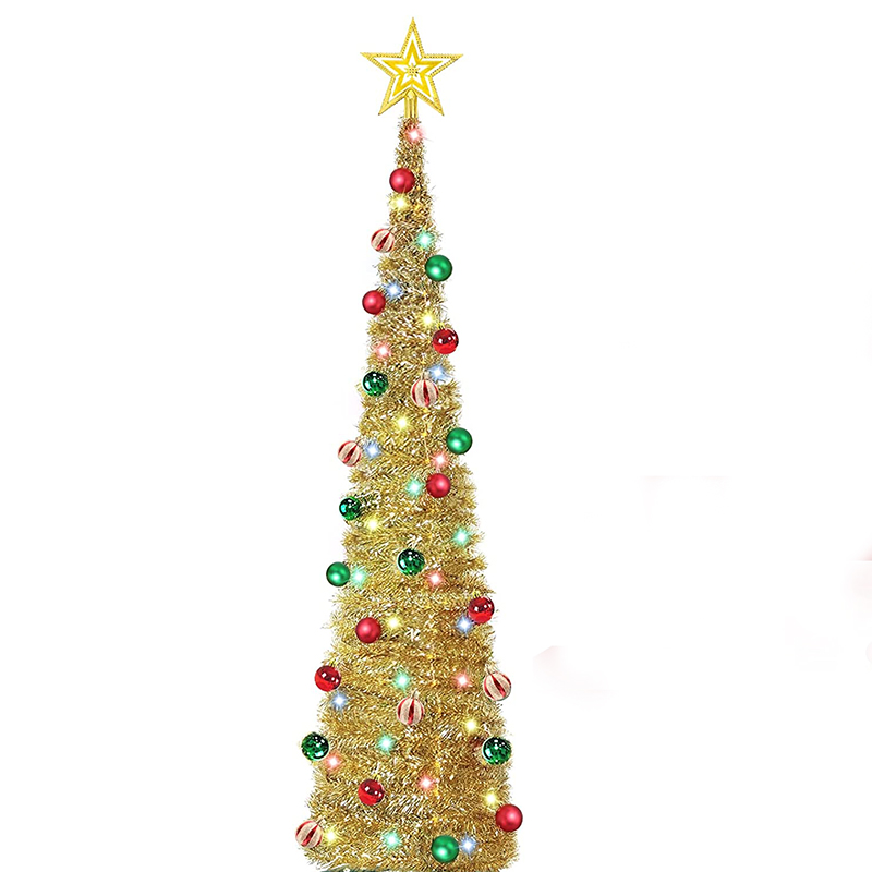 6FT Gold Tinsel Christmas Tree with Lights and Ornaments – Classic Holiday Decoration