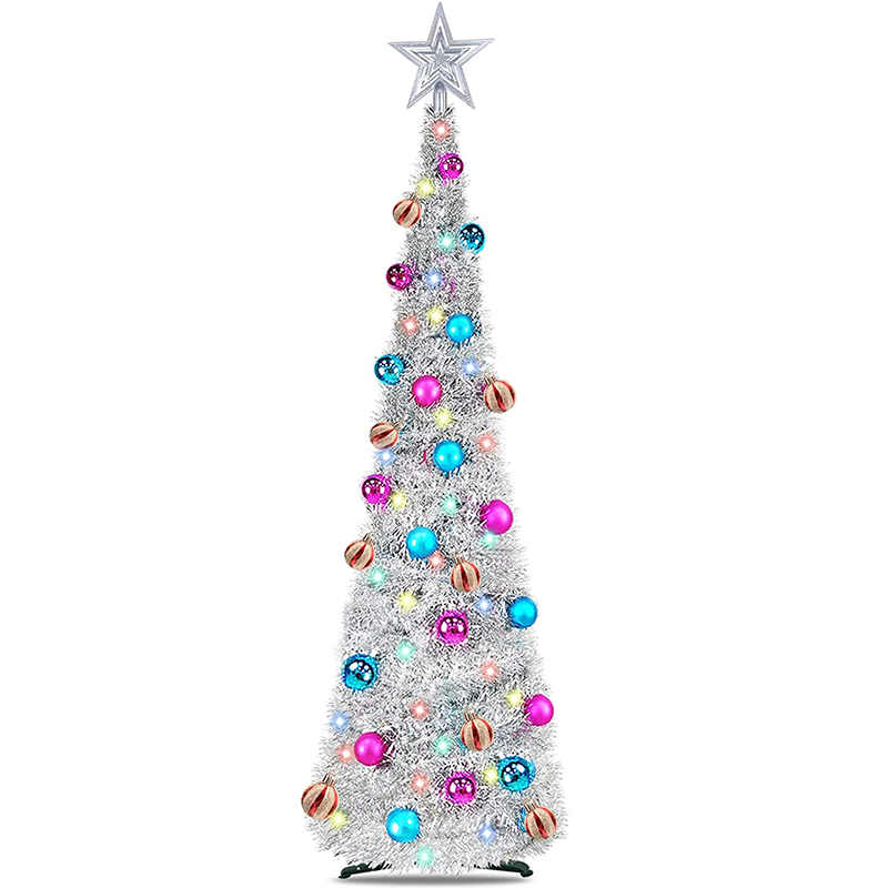 6FT Silver Tinsel Christmas Tree with Lights and Colorful Ornaments – Festive Holiday Decoration