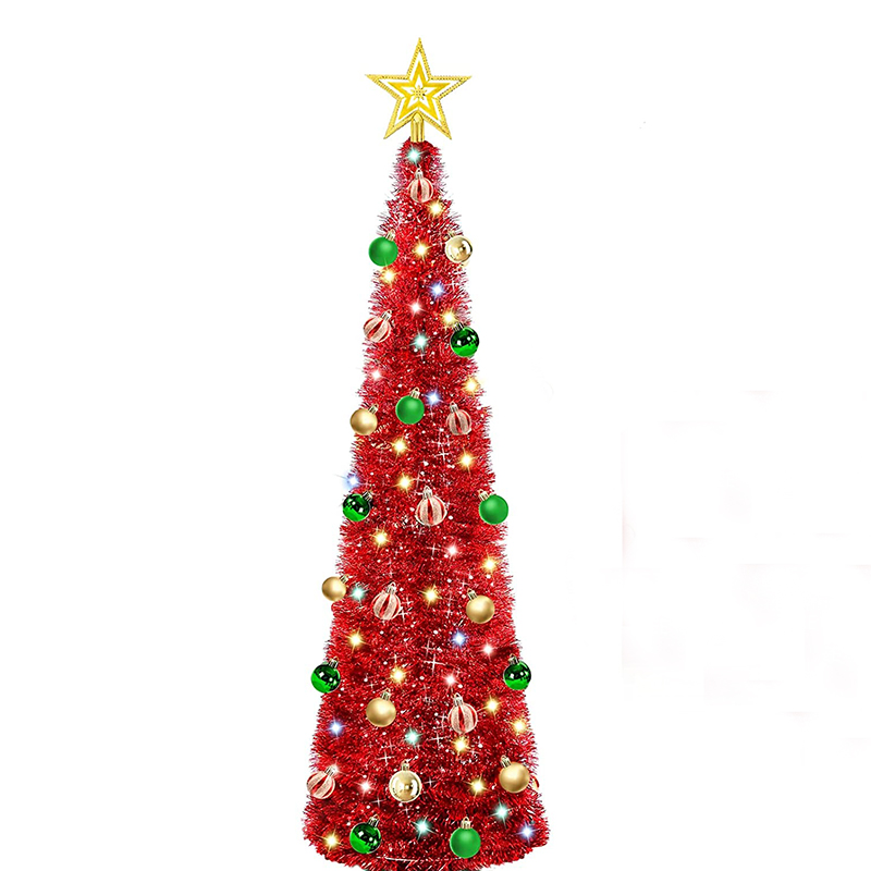 6FT Red Tinsel Christmas Tree with Lights and Ornaments – Festive Holiday Decoration