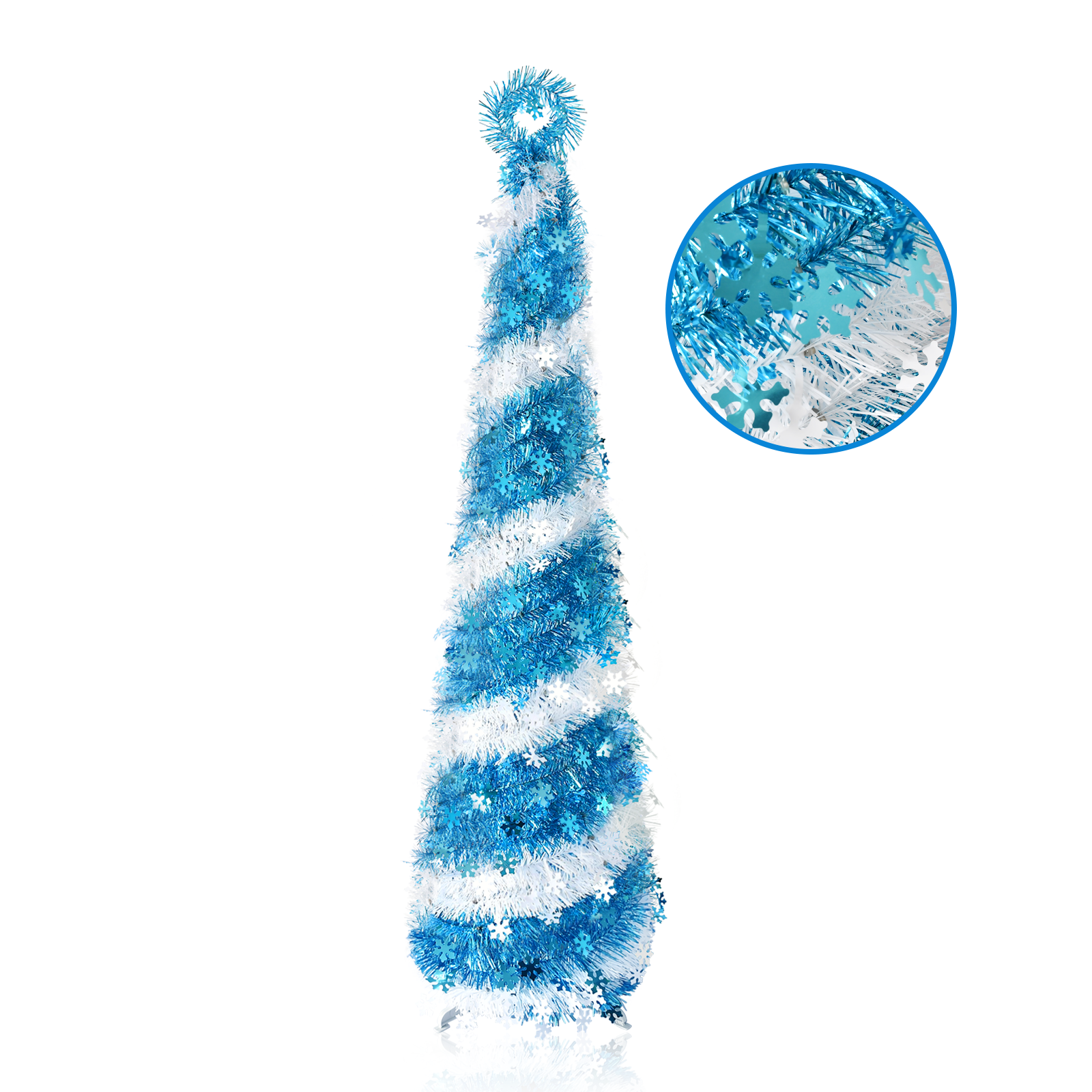 Blue and White Spiral Tinsel Cone Tree – Snowflake Christmas Decor