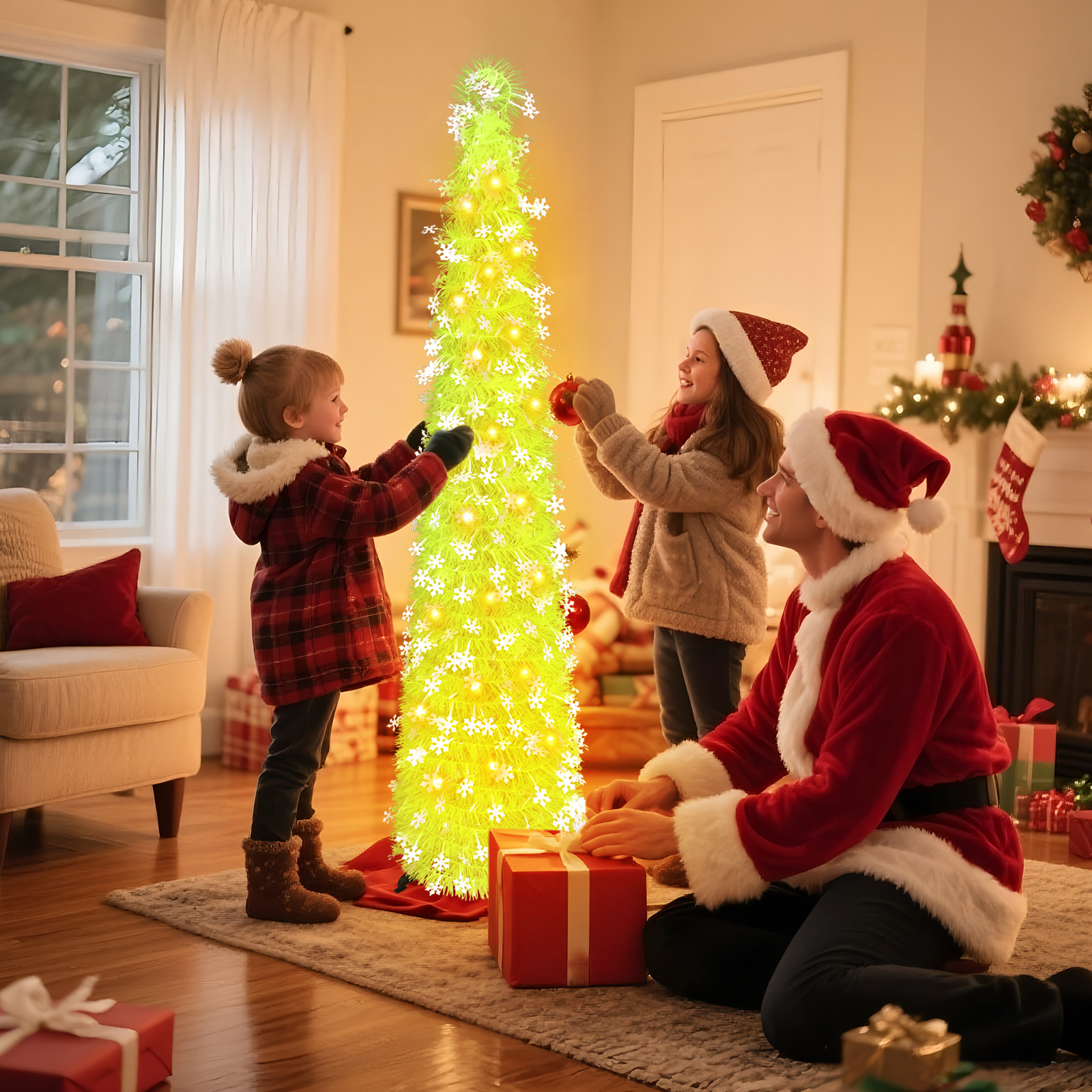 Neon Green Snowflake Cone Christmas Tree – Winter Holiday Decor