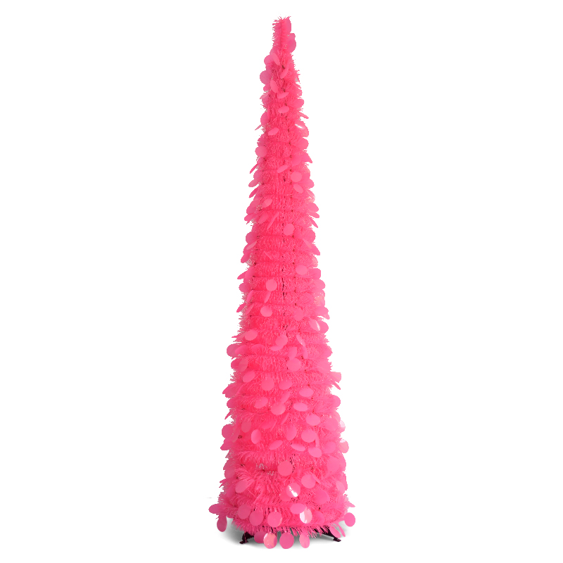 5FT Bright Pink Tinsel Cone Christmas Tree – Decorative Holiday Ornament with Shiny Sequin Detail