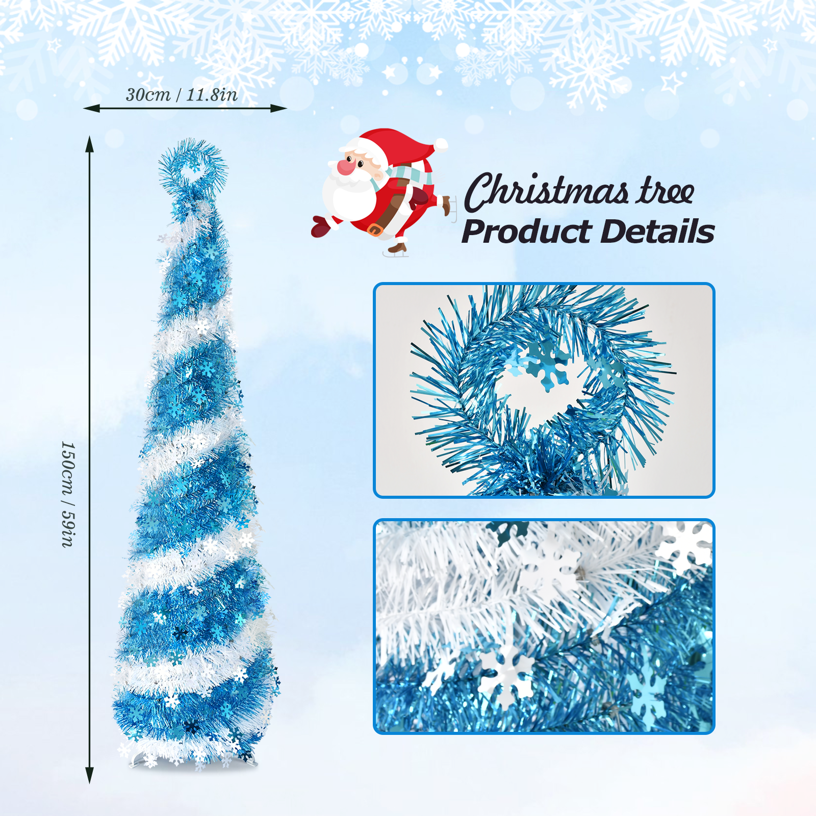 Blue and White Spiral Tinsel Cone Tree – Snowflake Christmas Decor