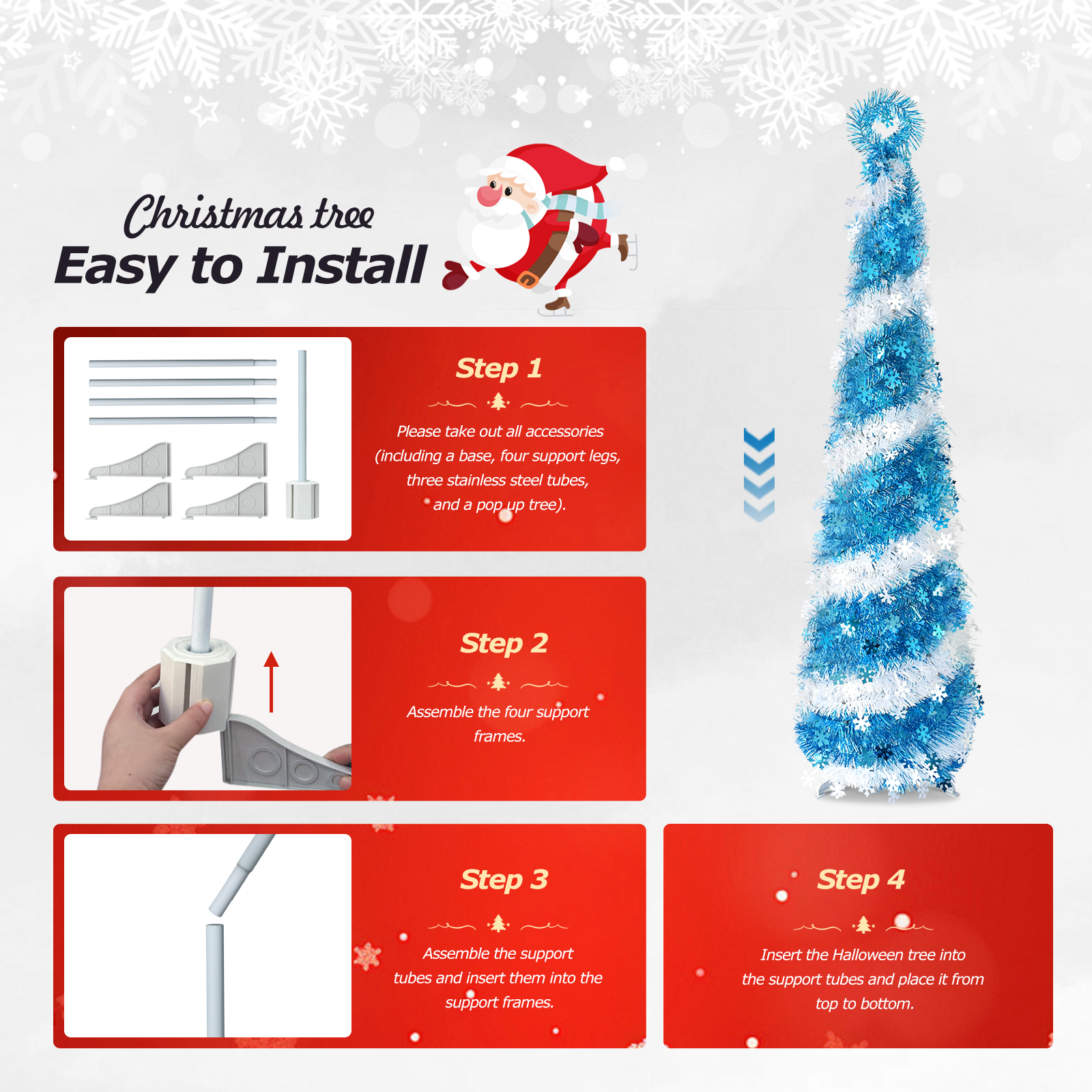 Blue and White Spiral Tinsel Cone Tree – Snowflake Christmas Decor