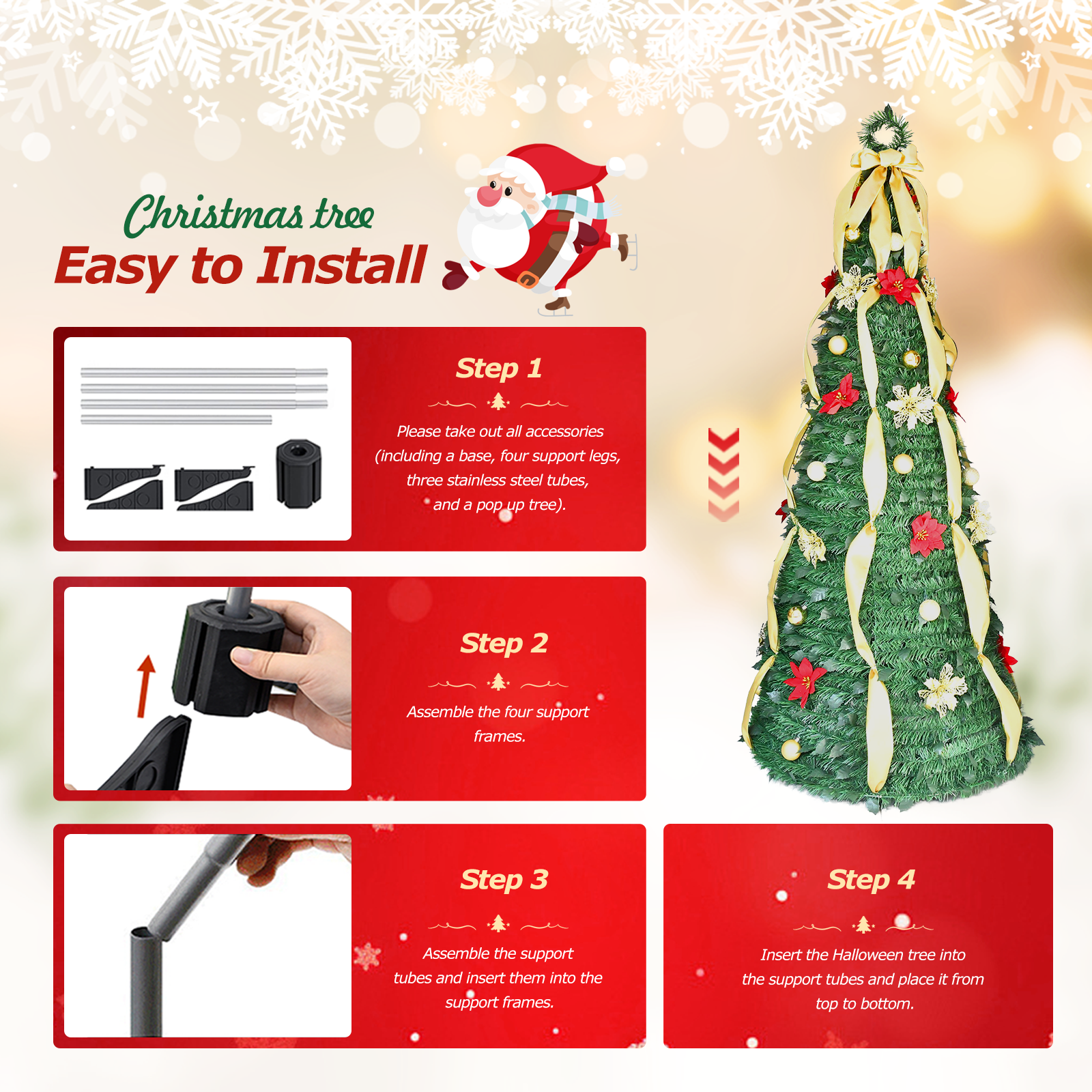 Classic Green Cone Christmas Tree – With Ribbon, Flowers & Ornaments