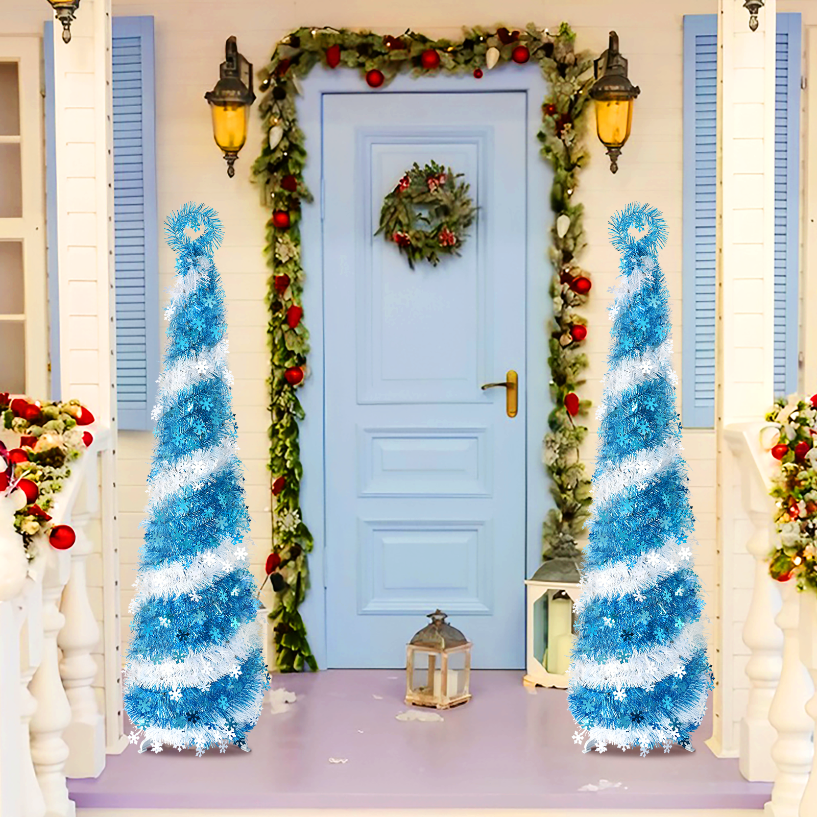 Blue and White Spiral Tinsel Cone Tree – Snowflake Christmas Decor