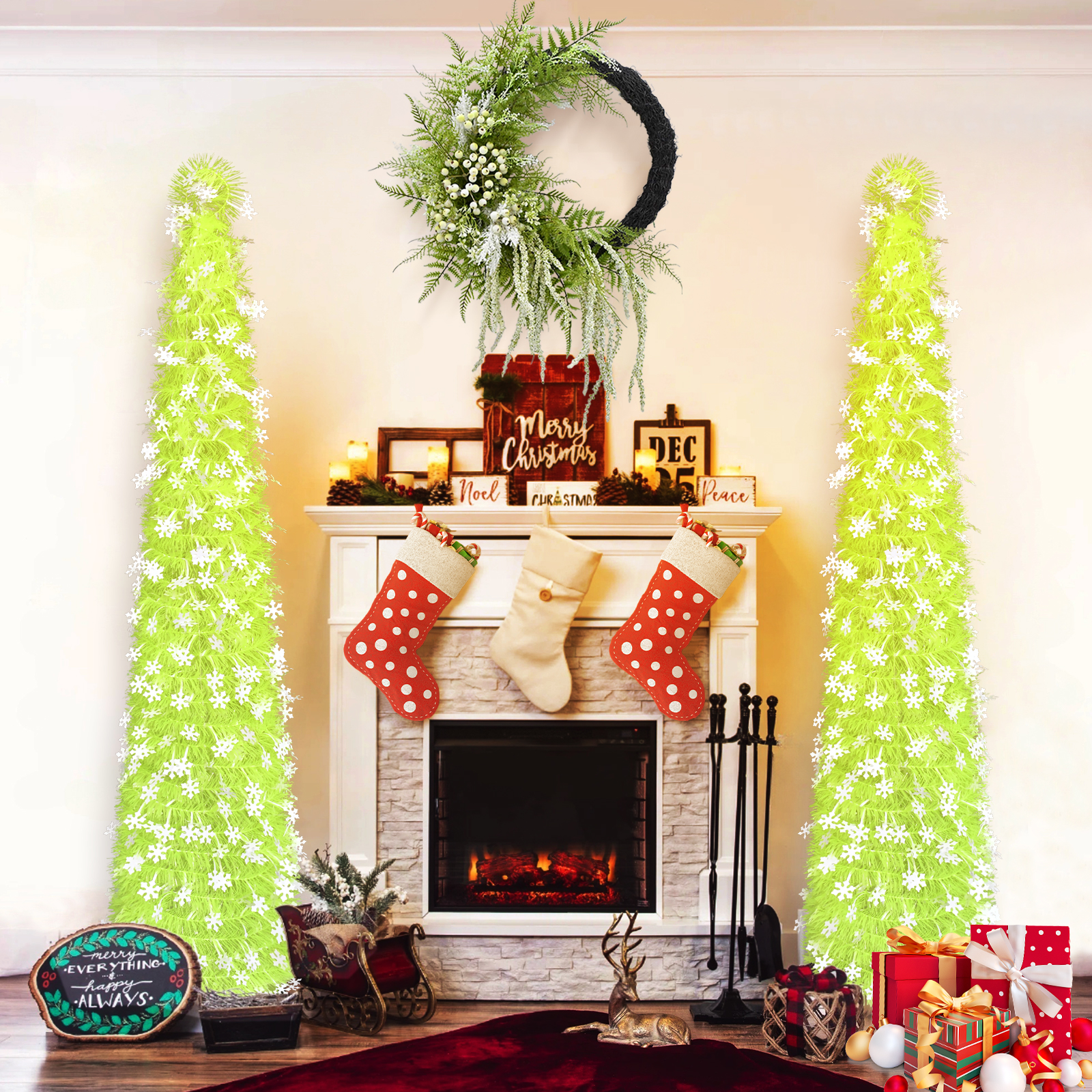Neon Green Snowflake Cone Christmas Tree – Winter Holiday Decor