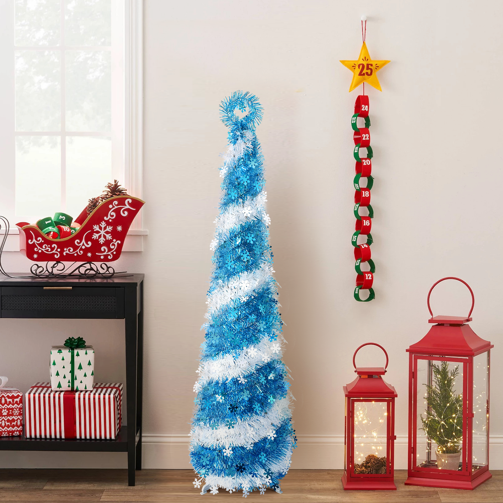 Blue and White Spiral Tinsel Cone Tree – Snowflake Christmas Decor