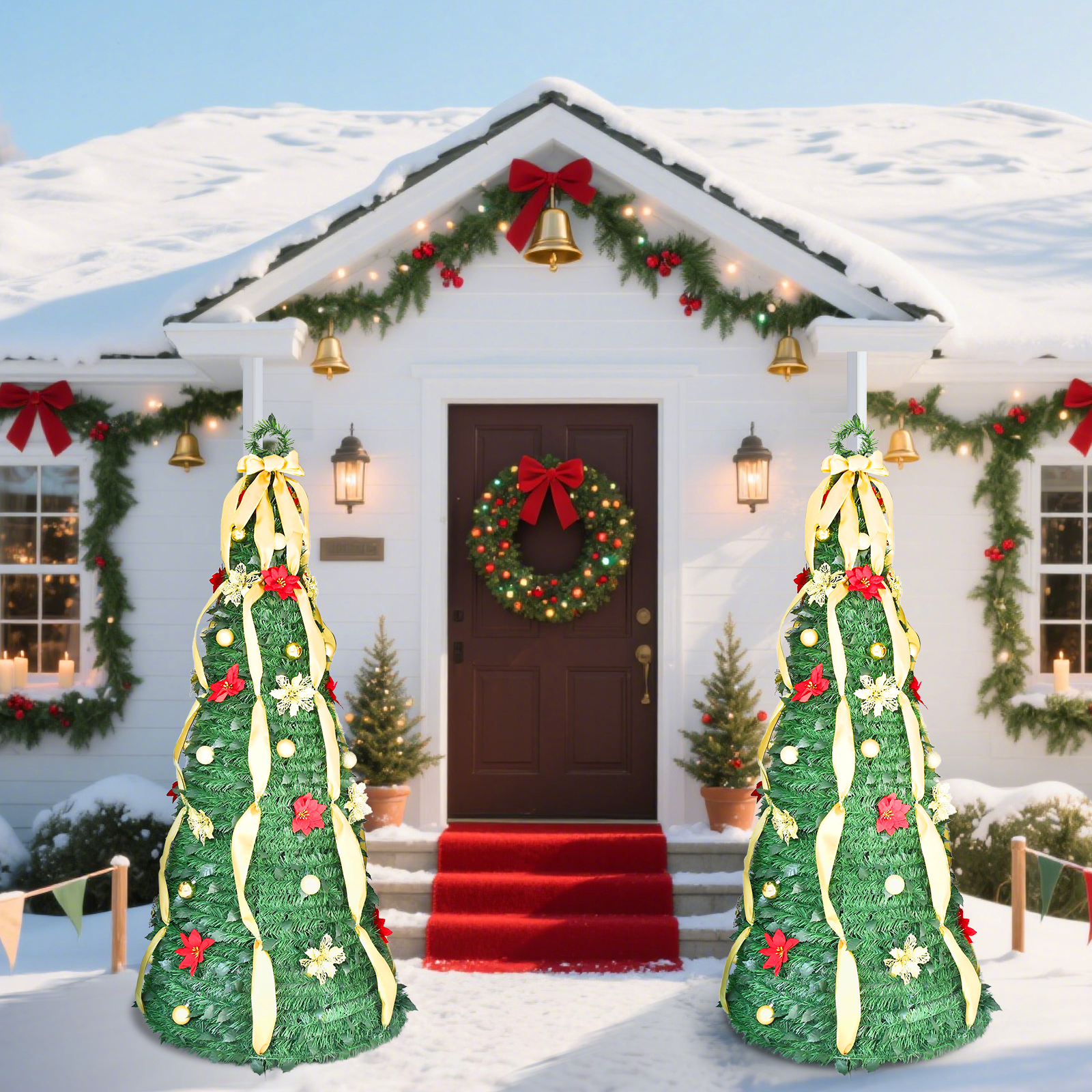 Classic Green Cone Christmas Tree – With Ribbon, Flowers & Ornaments