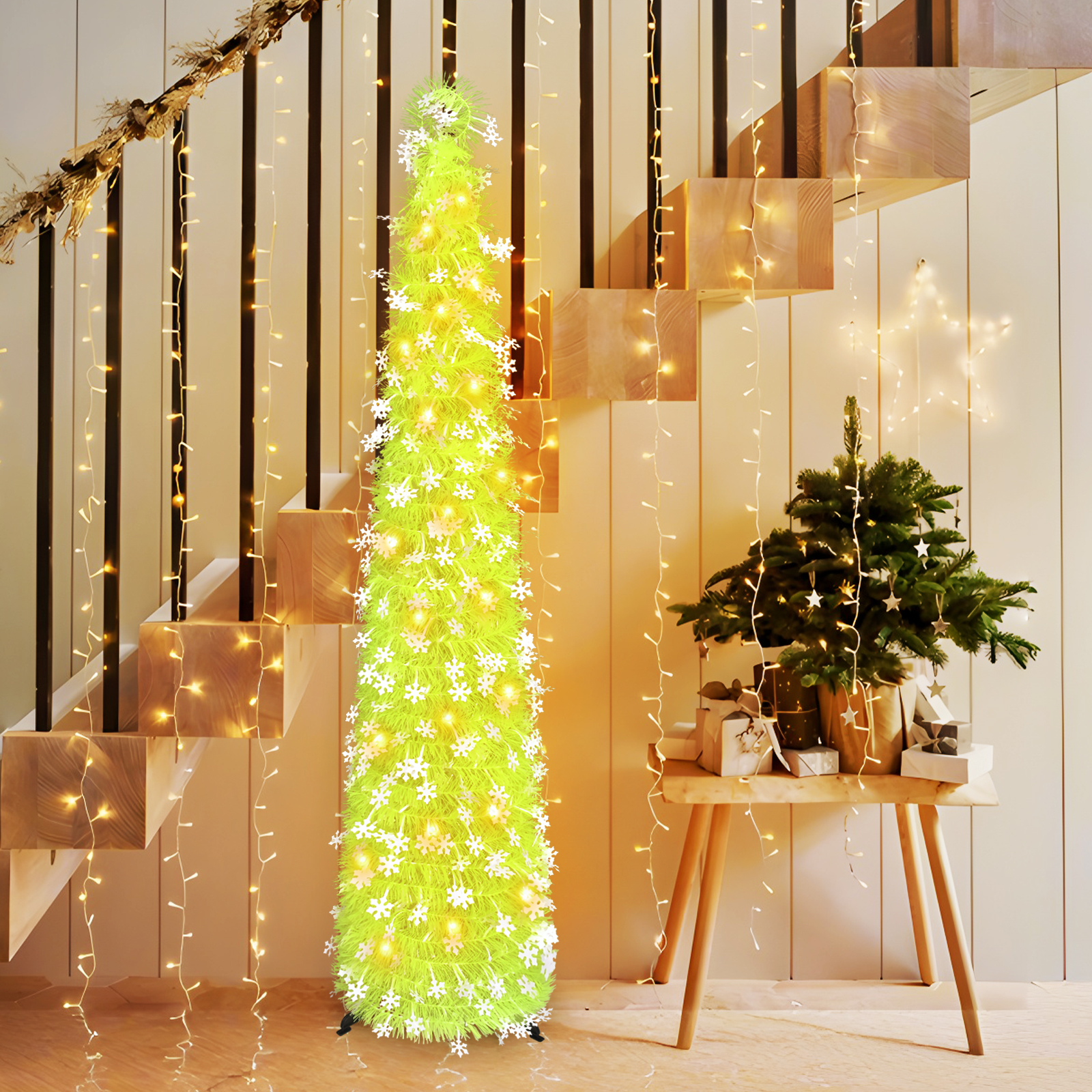 Neon Green Snowflake Cone Christmas Tree – Winter Holiday Decor