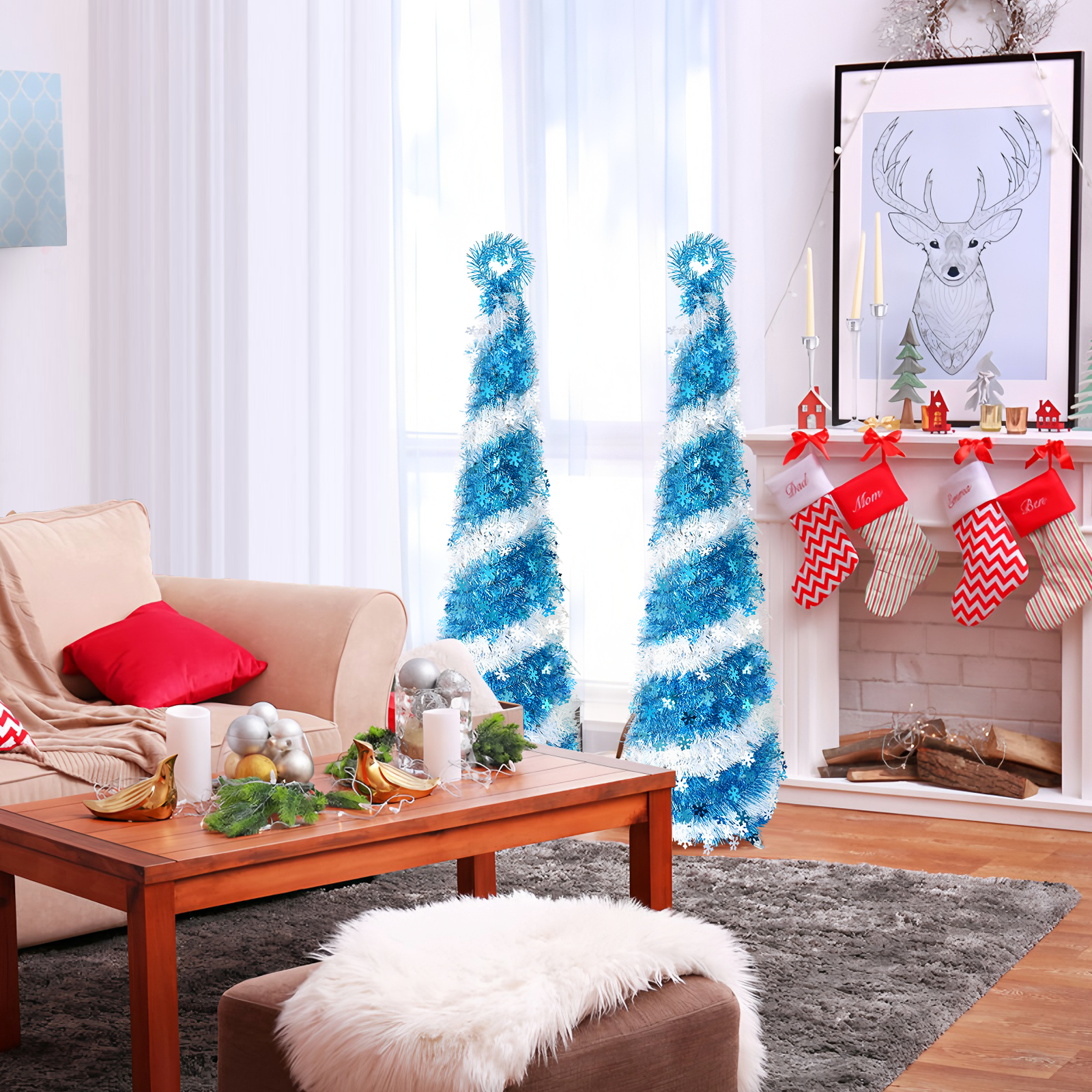 Blue and White Spiral Tinsel Cone Tree – Snowflake Christmas Decor
