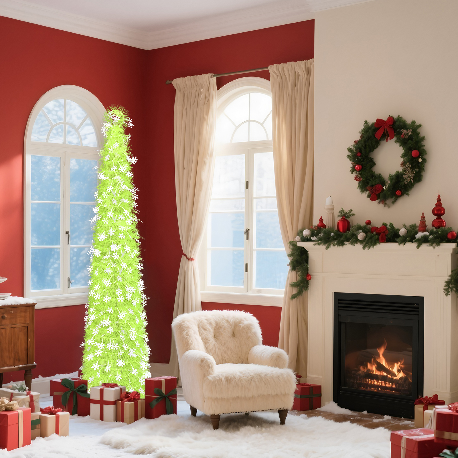 Neon Green Snowflake Cone Christmas Tree – Winter Holiday Decor