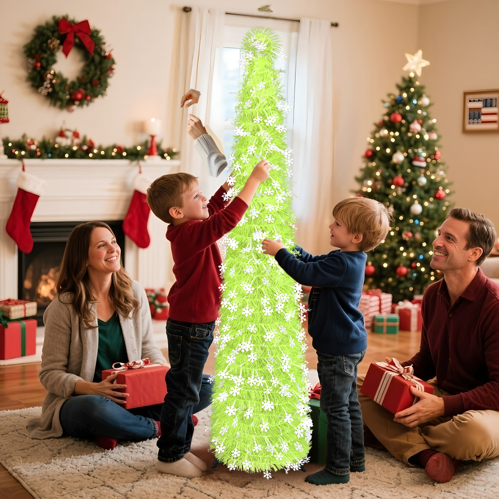 Neon Green Snowflake Cone Christmas Tree – Winter Holiday Decor