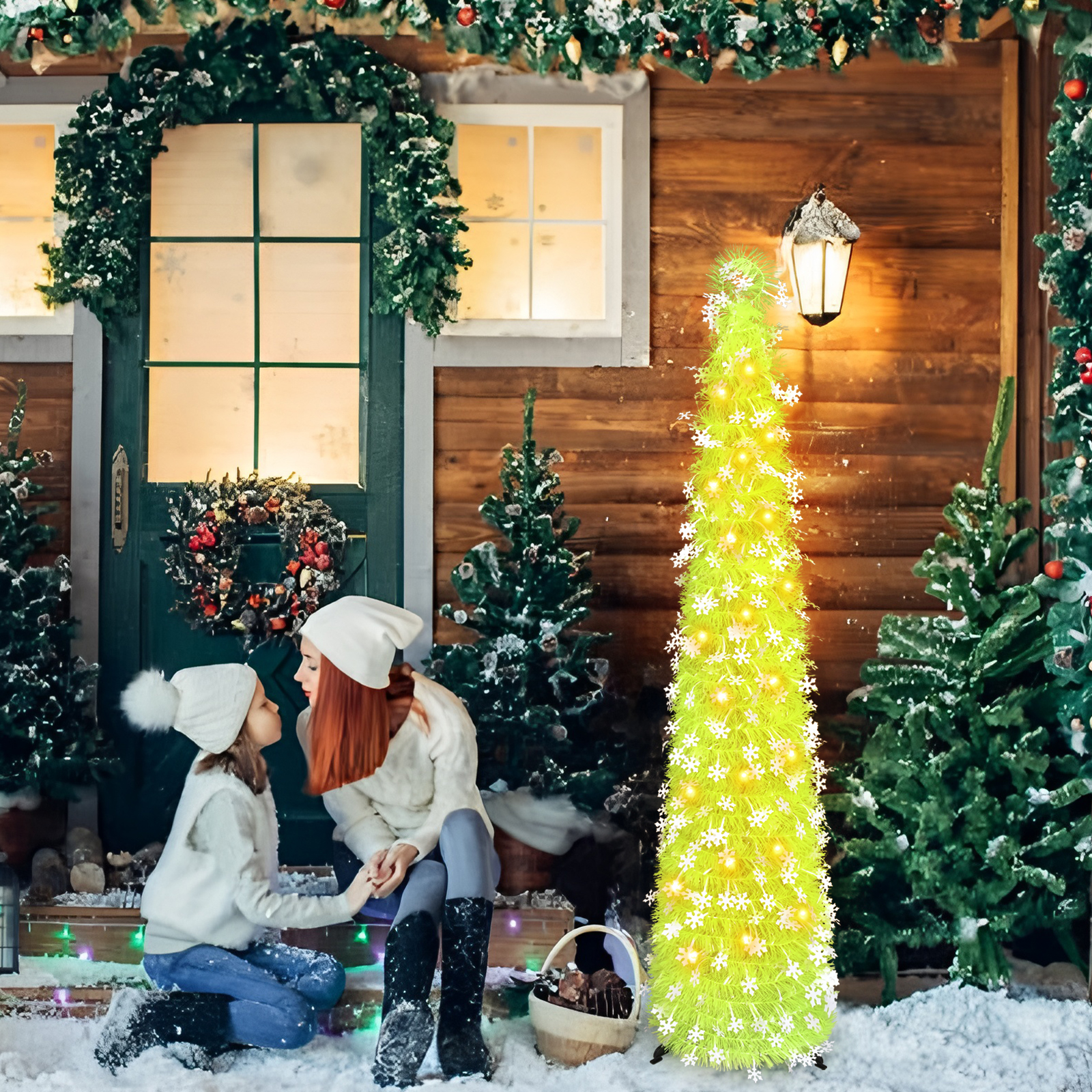 Neon Green Snowflake Cone Christmas Tree – Winter Holiday Decor