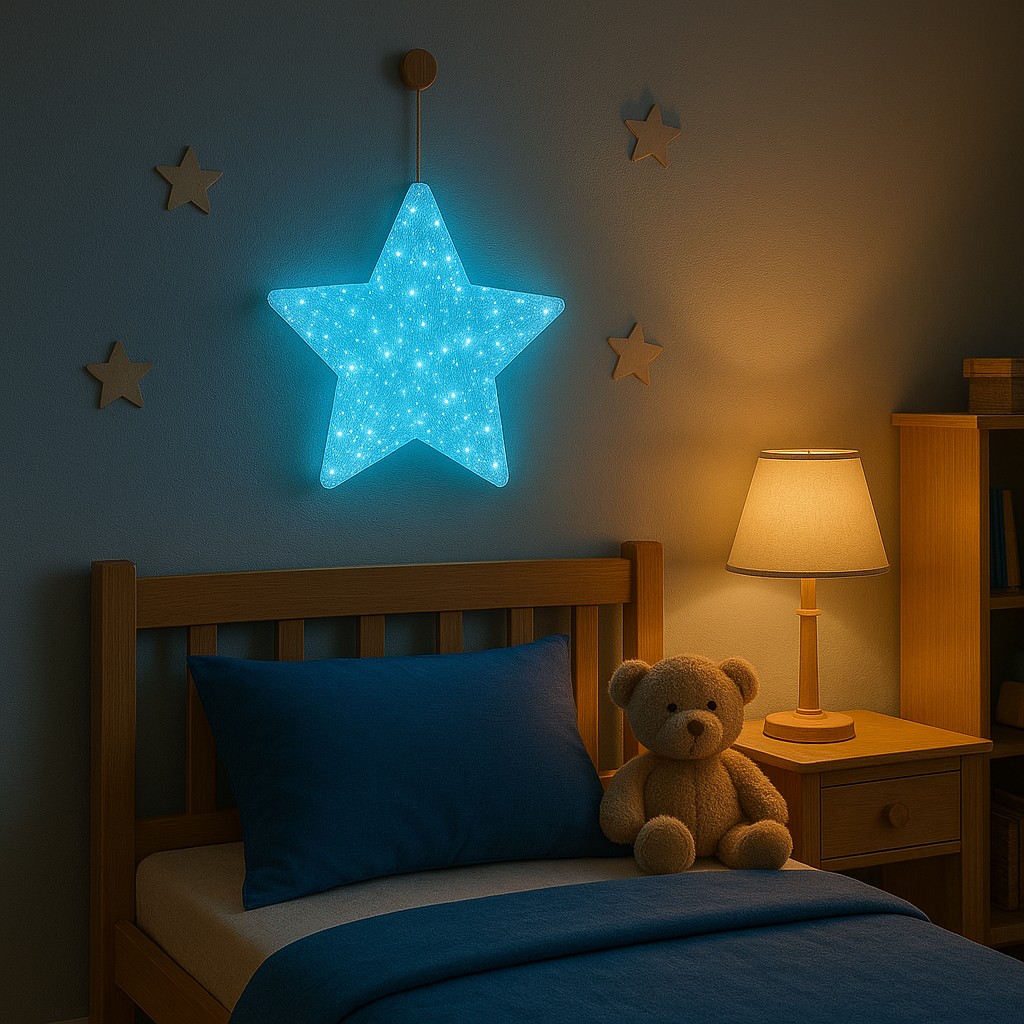 A children’s bedroom at night featuring a glowing fiber optic wall decoration above the bed. The room is softly lit, with cozy bedding, a teddy bear, a bedside lamp, and a peaceful, inviting atmosphere