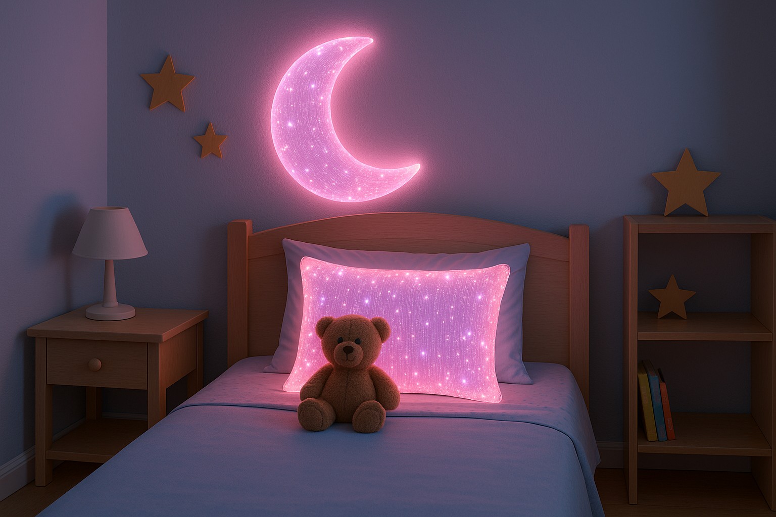 A children’s bedroom at night featuring a glowing fiber optic wall decoration above the bed. The room is softly lit, with cozy bedding, a teddy bear, a bedside lamp, and a peaceful, inviting atmosphere