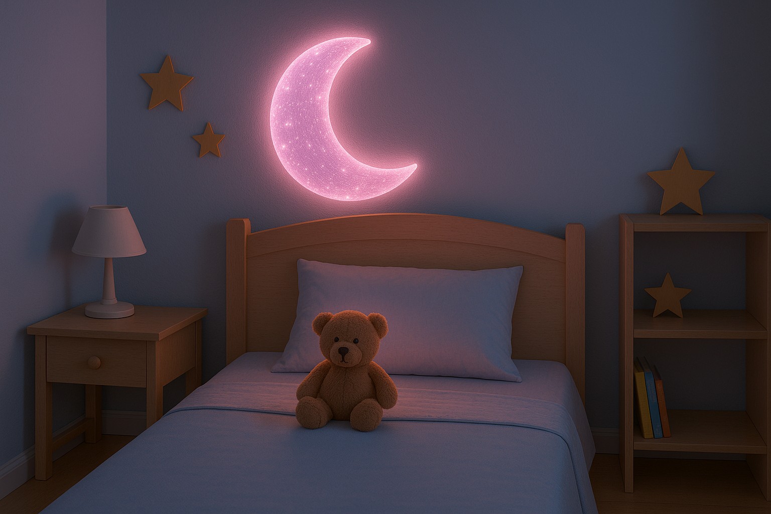 A children’s bedroom at night featuring a glowing fiber optic wall decoration above the bed. The room is softly lit, with cozy bedding, a teddy bear, a bedside lamp, and a peaceful, inviting atmosphere