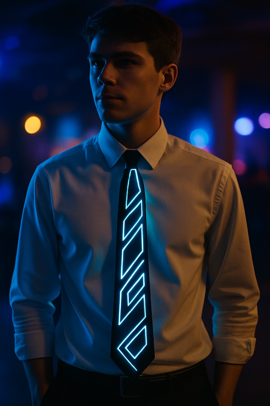 Futuristic Blue LED Glowing Necktie – Geometric Light-Up Party Tie
