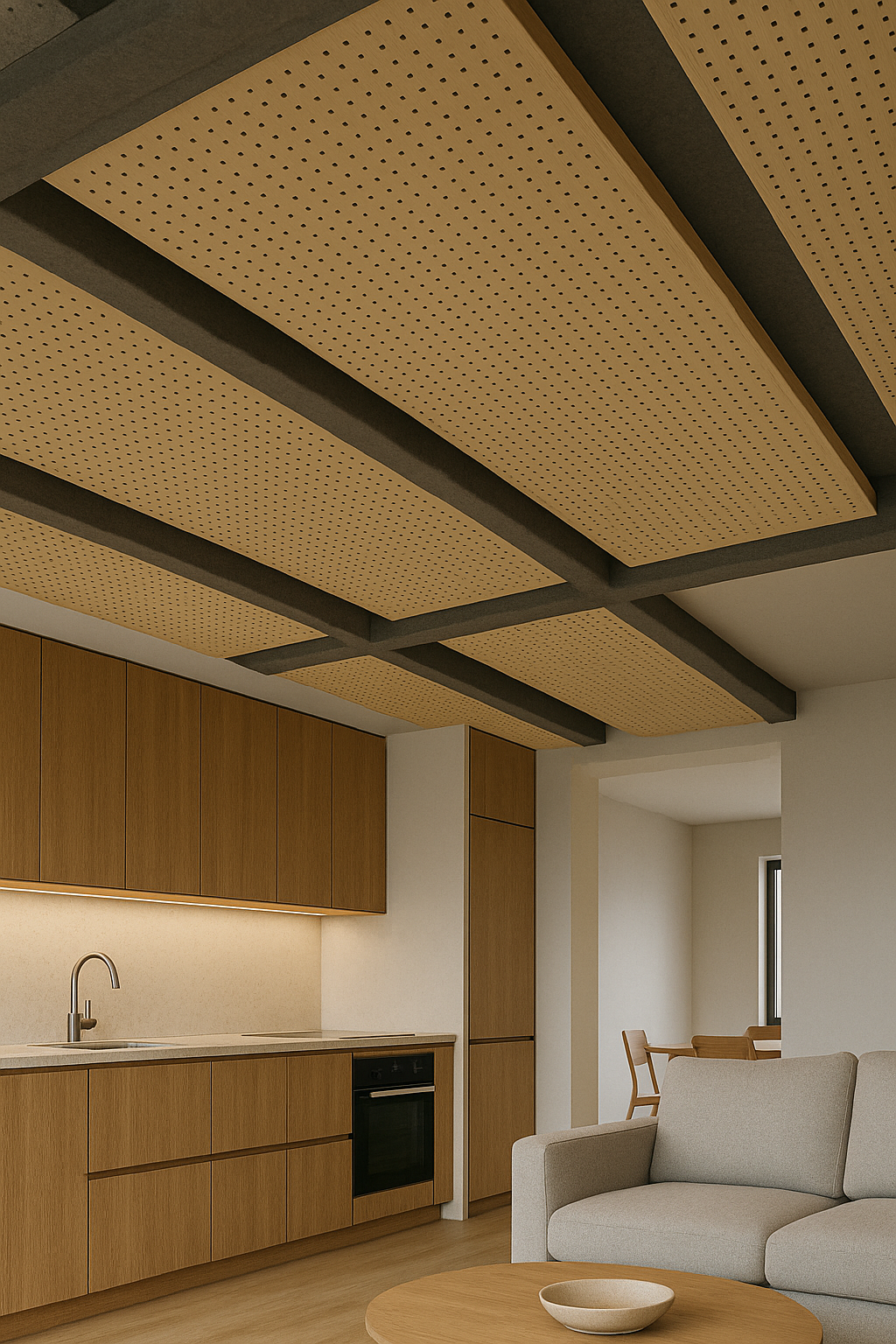Perforated Wooden Acoustic Ceiling Panels – Decorative Sound-Absorbing Tiles for Exposed Beam Ceilings