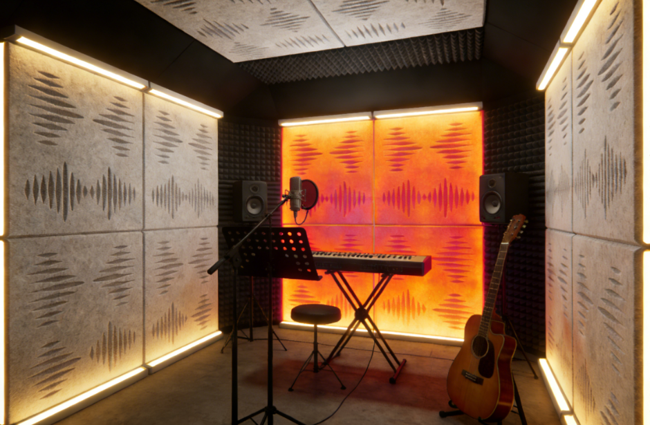 Acoustic Design in Retail & Hospitality: Black Ceiling Clouds with Star Perforation