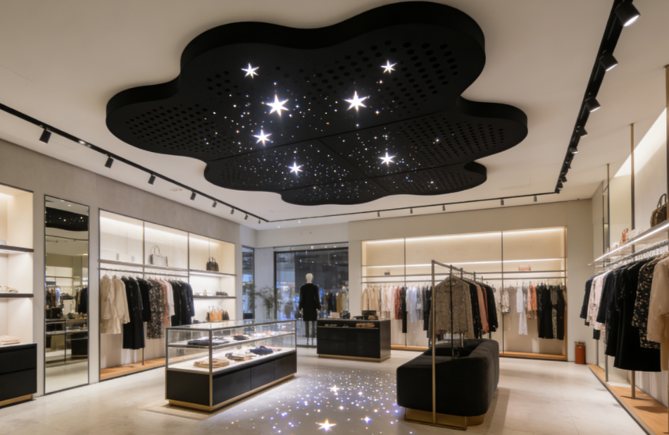 Black Acoustic Ceiling Clouds with Star Perforation: Acoustic Art for Modern Interiors
