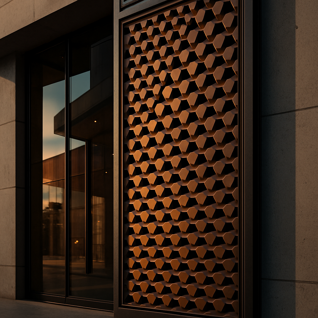 embellished punched metal insert on balcony railing wall