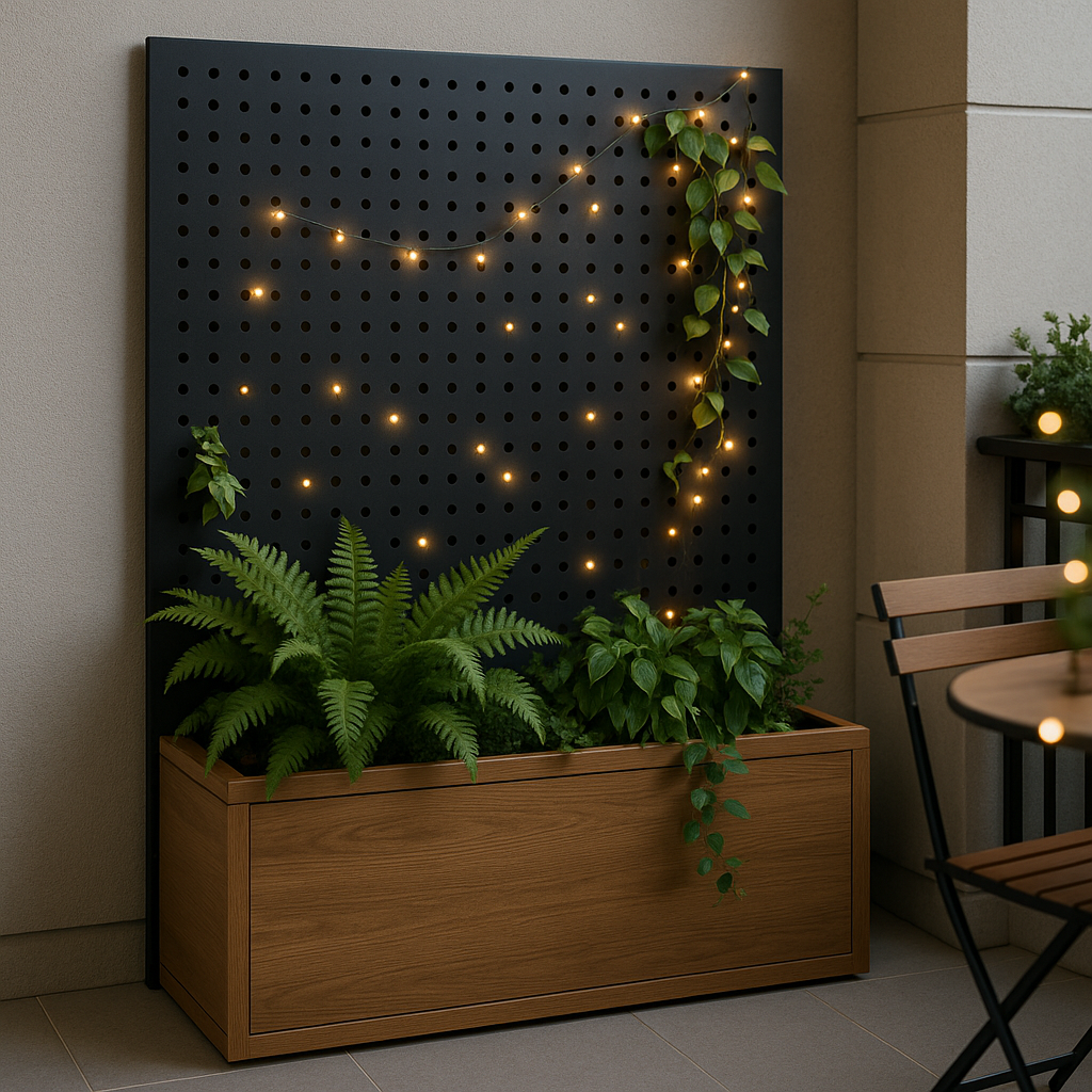 Embellished Openwork Screen Behind Balcony Plant Shelf