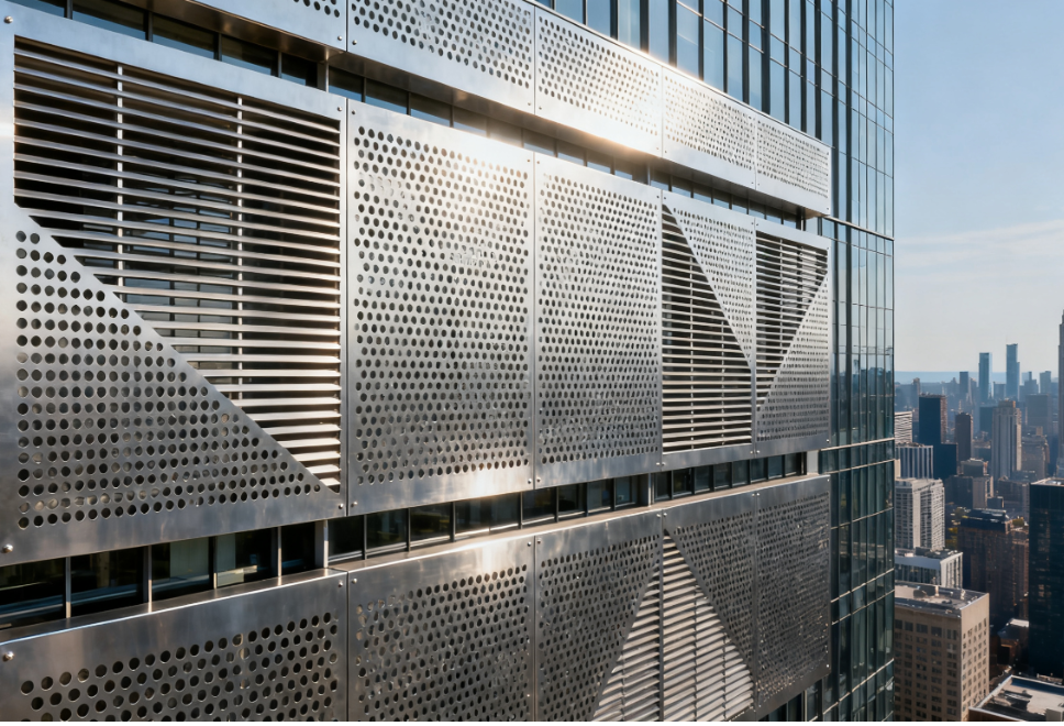 Decorative Perforated Metal Sunshade Systems for Urban Architectural Projects