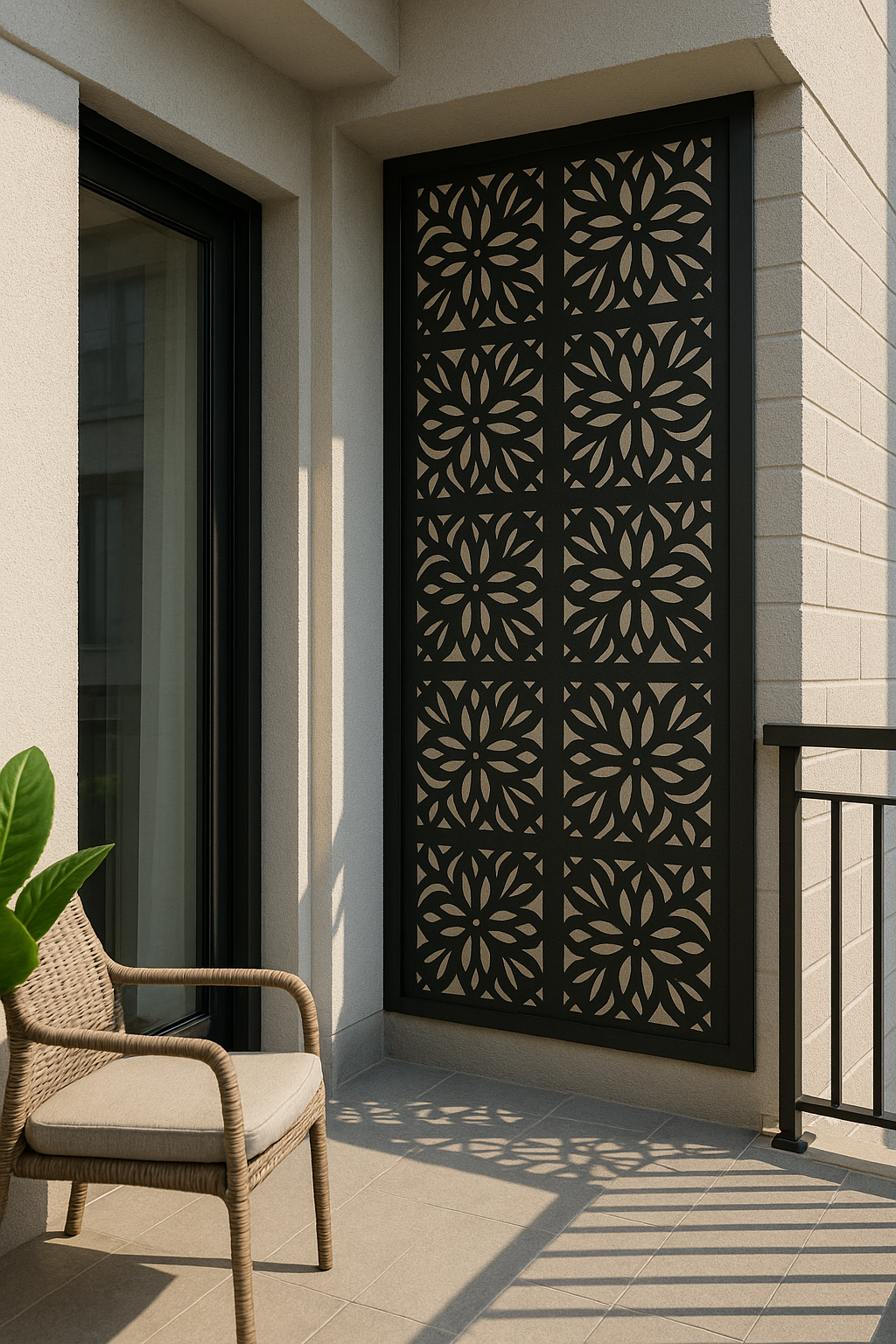 Shielded Elegance – Embellished Privacy Grilles Between Balconies