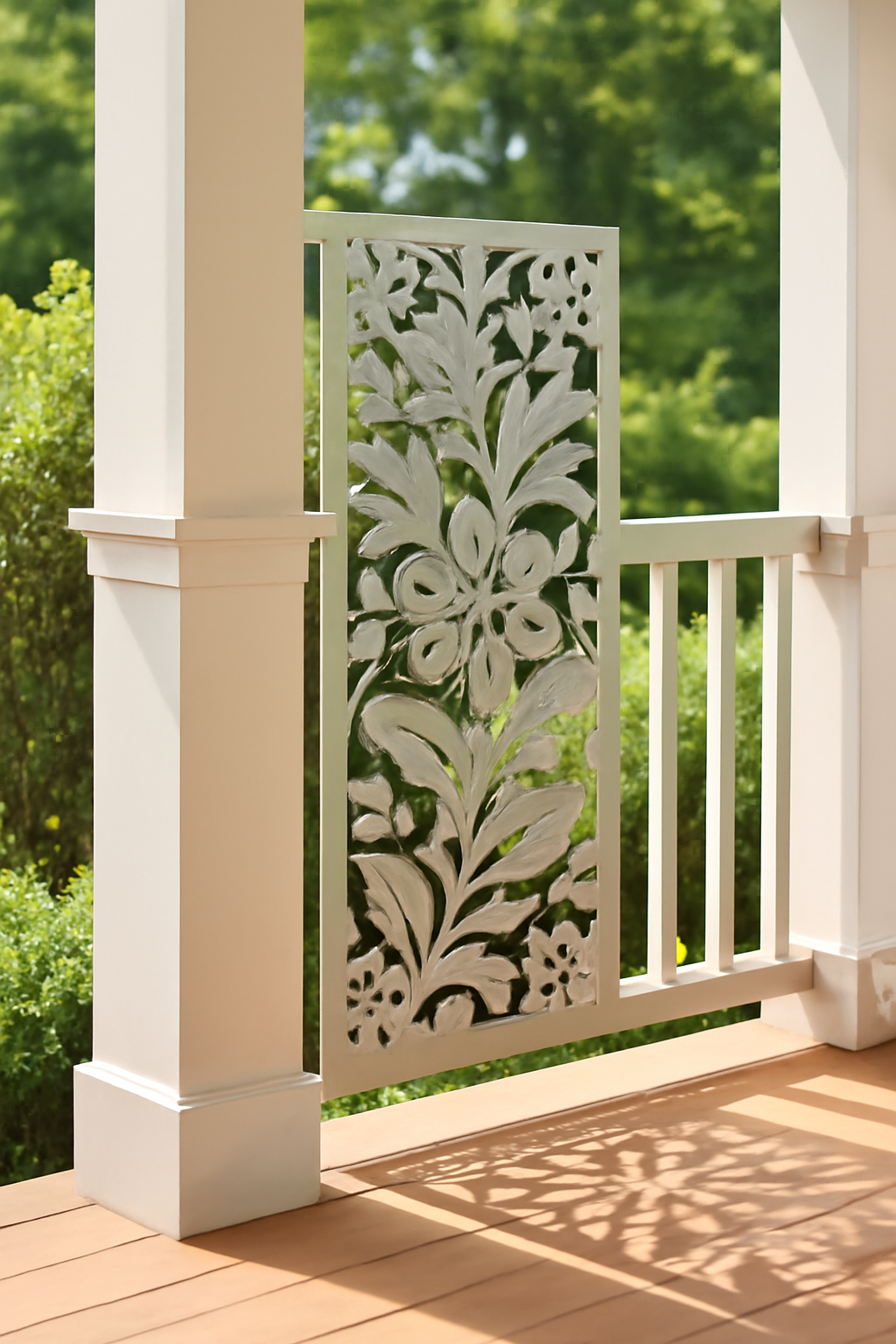 Embellished Aluminum Screen Between Porch Post and Railing