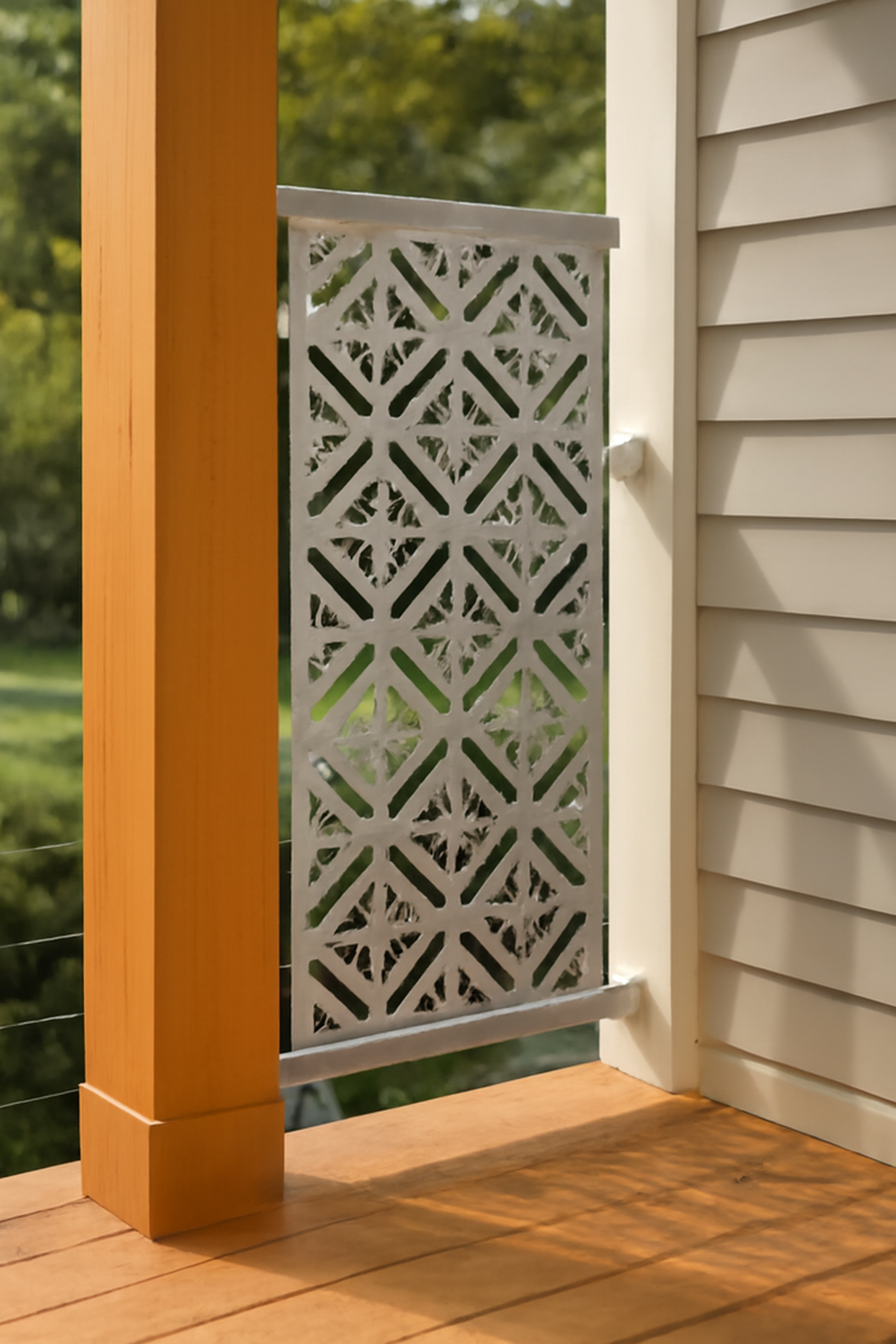 Embellished Aluminum Screen Between Porch Post and Railing