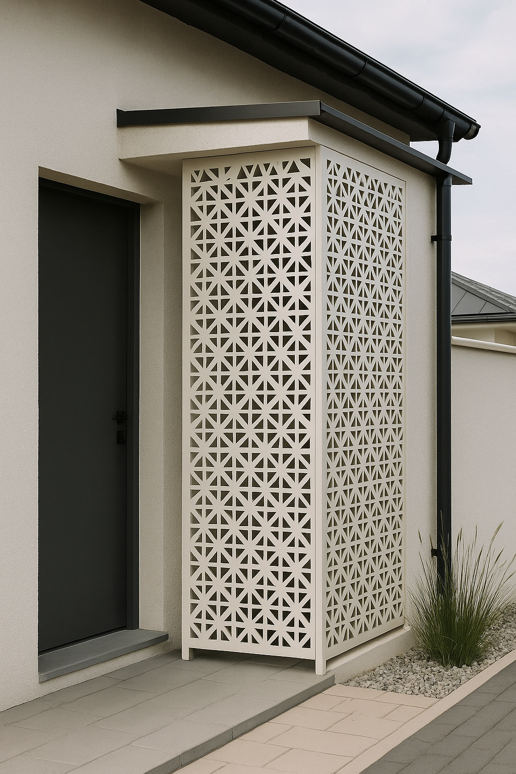 embellished punched metal insert on balcony railing wall