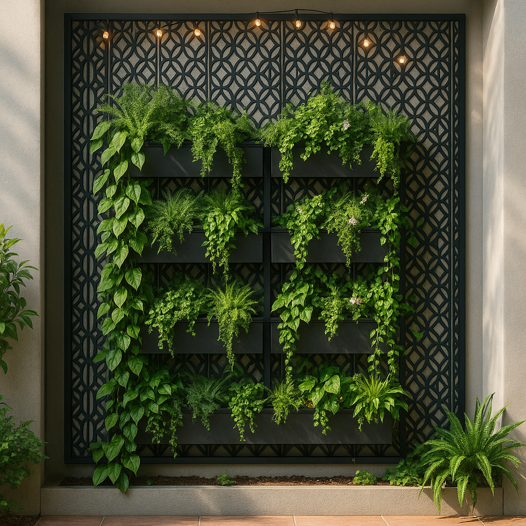 Embellished Openwork Screen Behind Balcony Plant Shelf