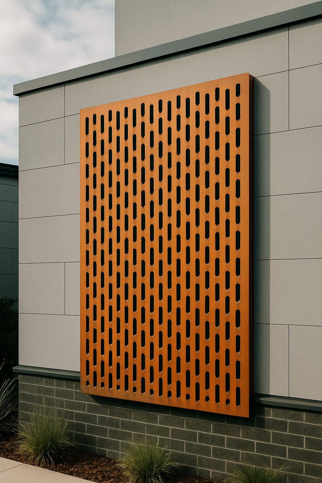 embellished punched metal insert on balcony railing wall