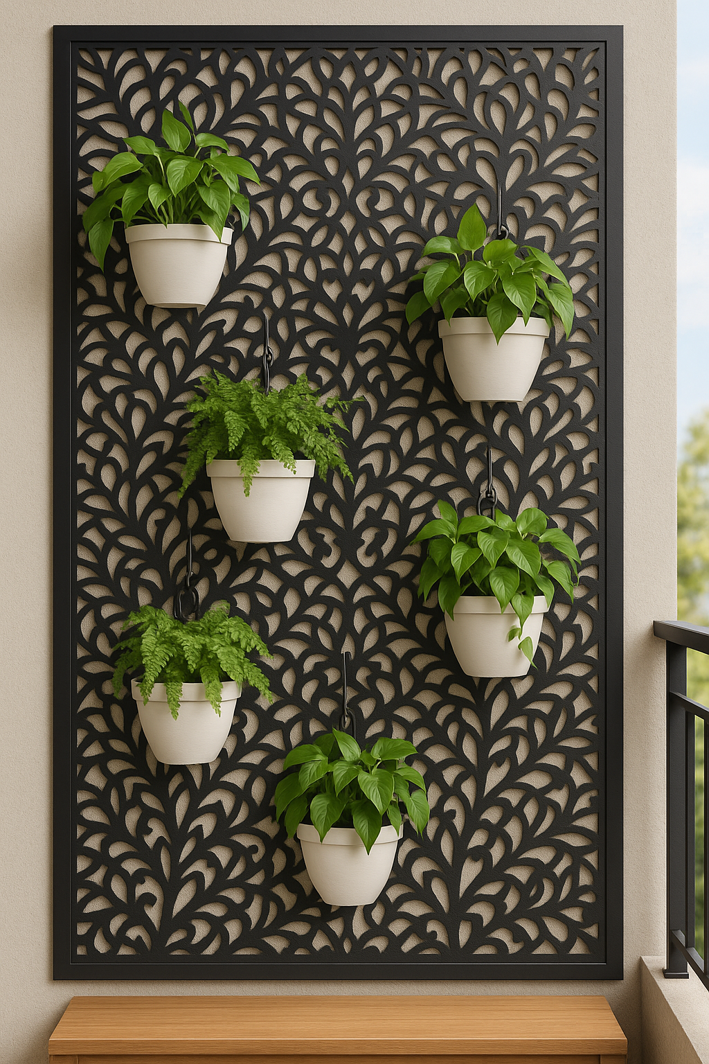 Embellished Openwork Screen Behind Balcony Plant Shelf