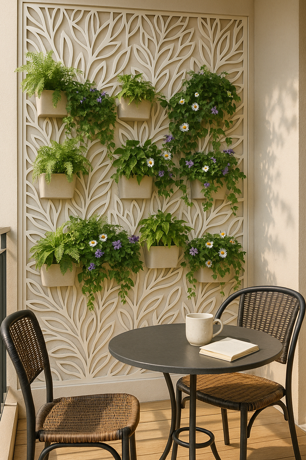 Embellished Openwork Screen Behind Balcony Plant Shelf