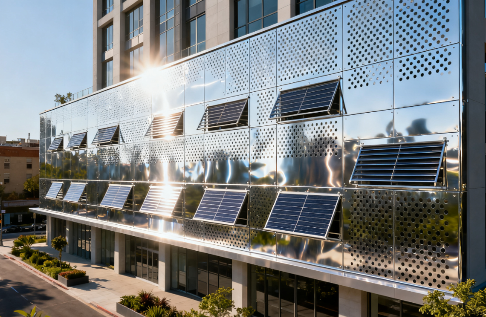 Energy-efficient Sunshade and Ventilation Perforated Metal Cladding for Green Buildings