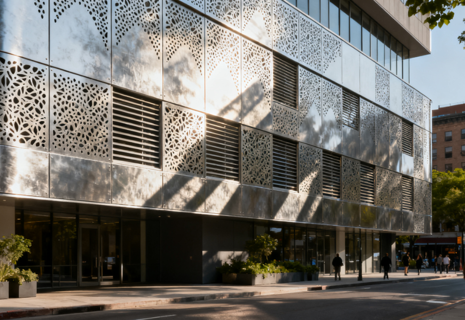 Energy-efficient Sunshade and Ventilation Perforated Metal Cladding for Green Buildings