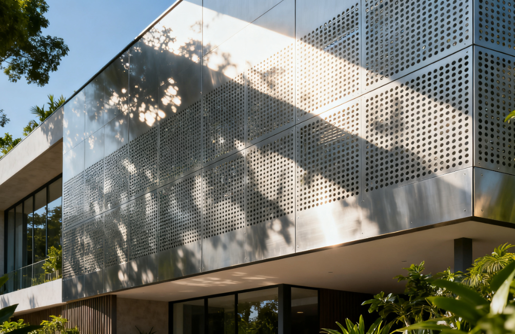 Facade-Integrated Sunshade & Perforated Metal Cladding for Urban Architecture