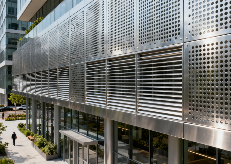 Improving Urban Buildings with Perforated Metal Cladding Featuring Sunshade, Ventilation, and Acoustic Properties
