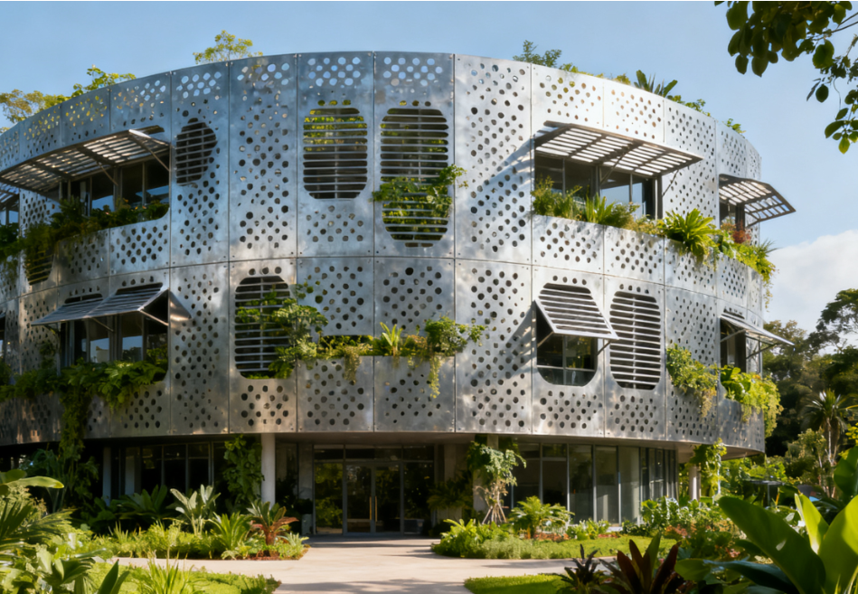 Integrated Drainage in Ventilated Sunshade Perforated Metal Cladding – Essential Façade Strategy