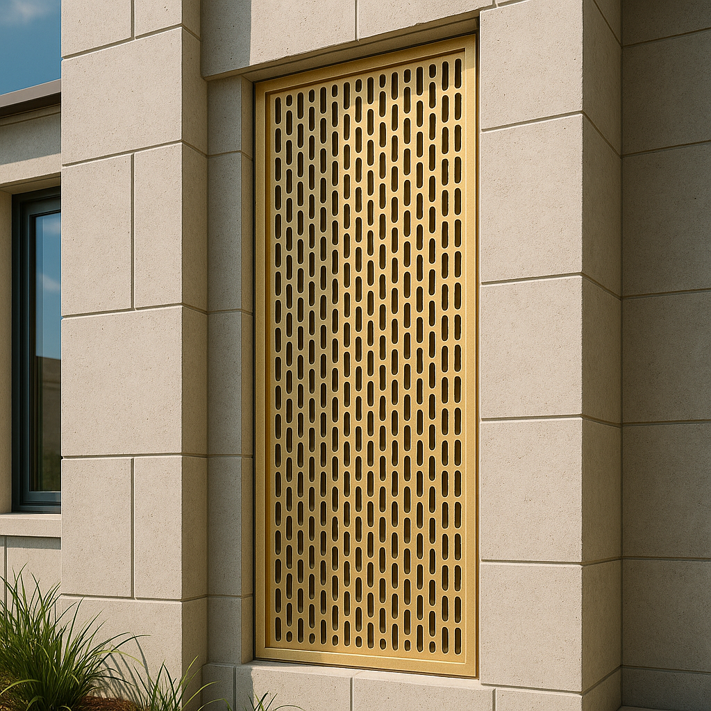 embellished punched metal insert on balcony railing wall