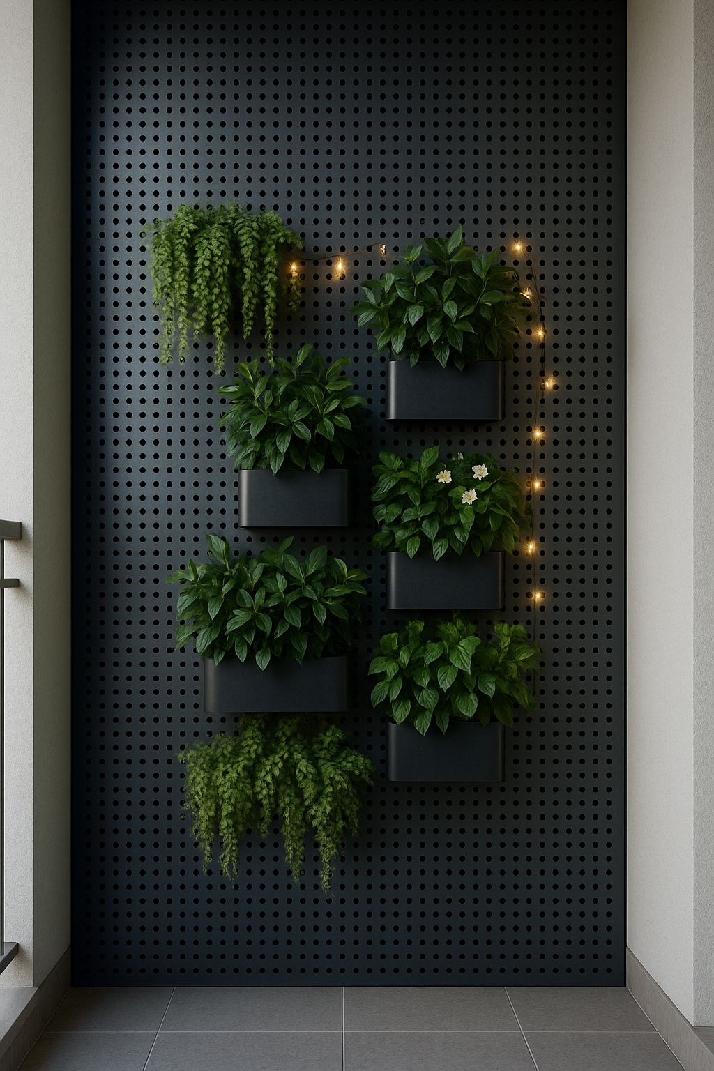 Embellished Openwork Screen Behind Balcony Plant Shelf