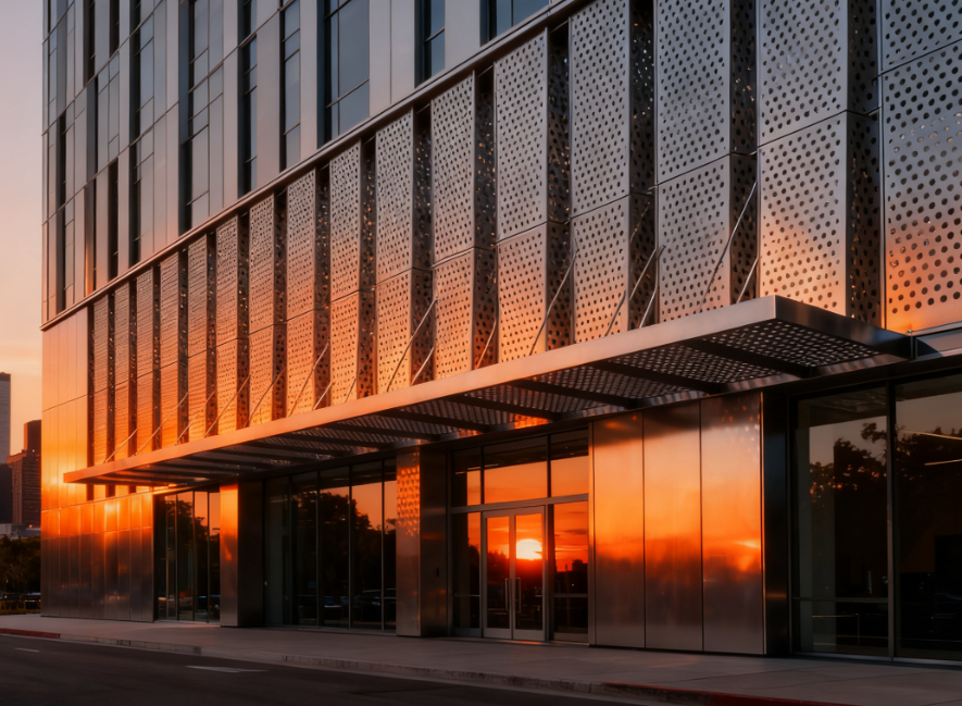 Passive Ventilation Sunshade and Perforated Metal Cladding for Sustainable Buildings