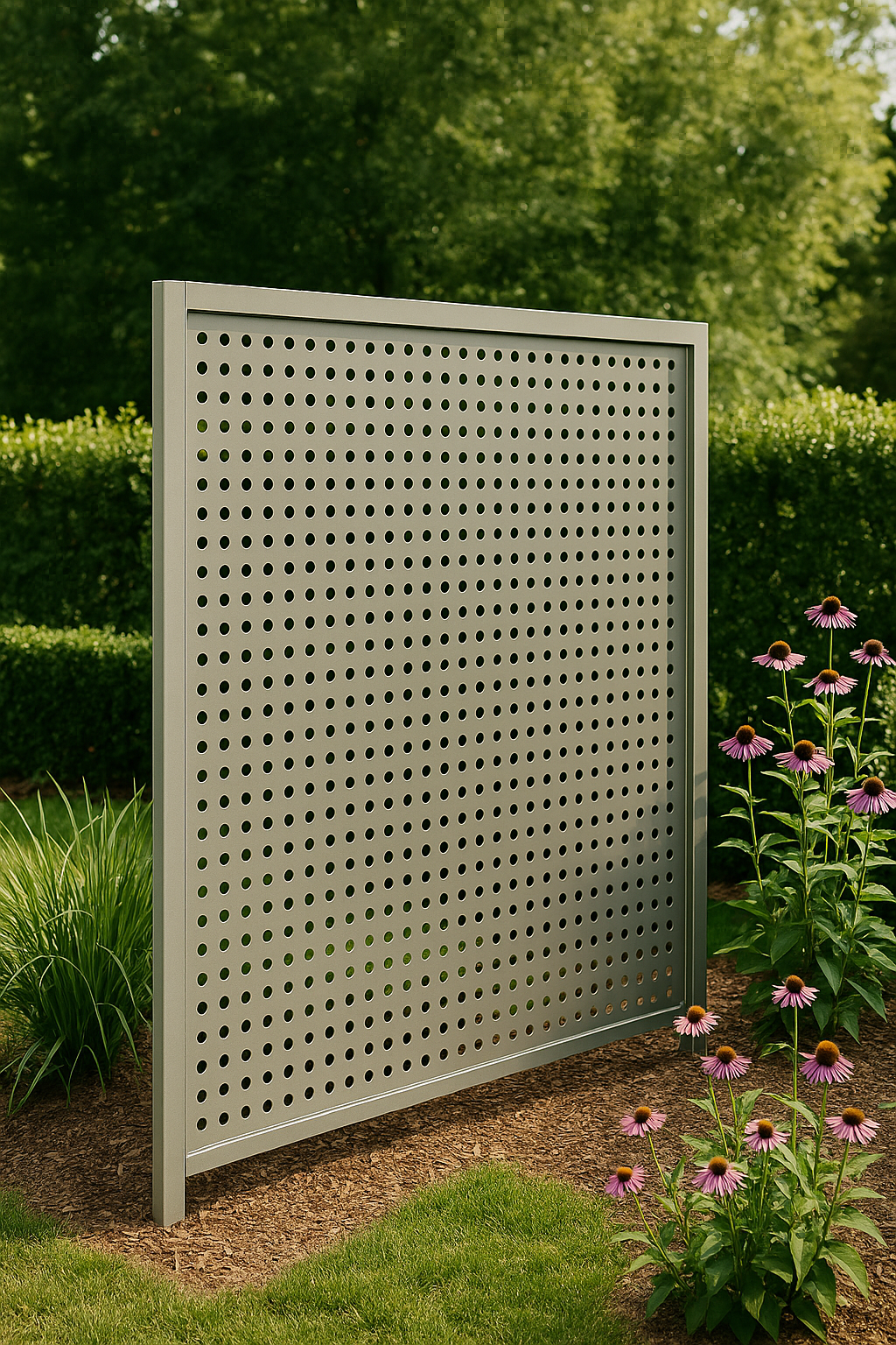Functional Perforated Metal Privacy Panel for Garden Utility Corners