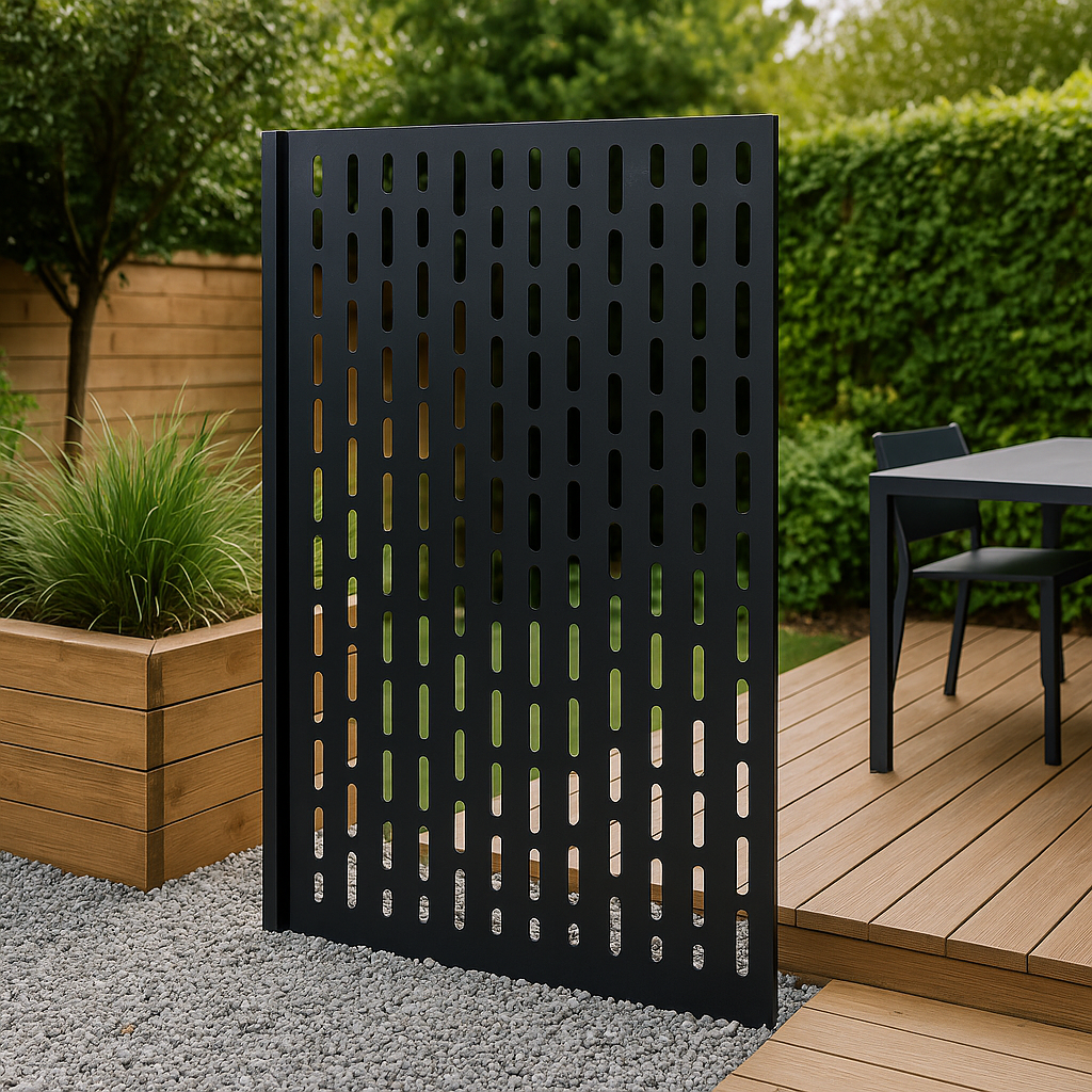 Functional Perforated Metal Privacy Panel for Garden Utility Corners