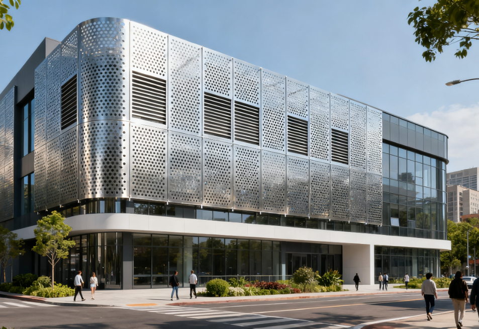 Perforated Sunshade and Ventilation Metal Cladding with Acoustic Features for Urban Environments